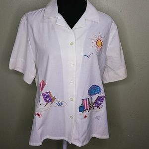 White Cotton Shirt With Beach Scene Appliques L NWT